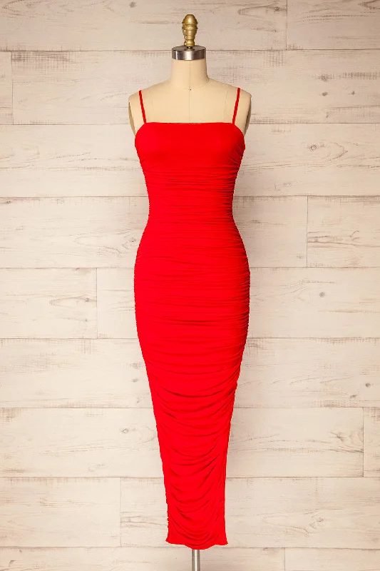 Yurtof Red | Fitted Ruched Midi Dress