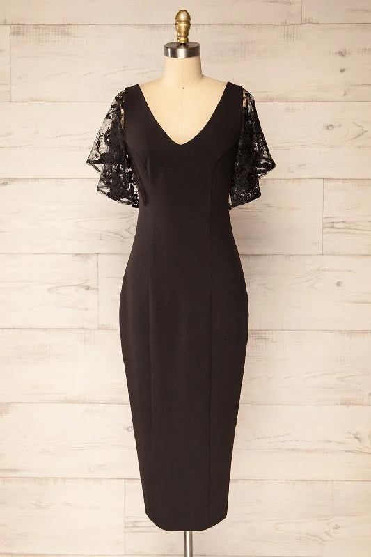 Myrania Black | Fitted Midi Dress w/ Embroidered Sleeves