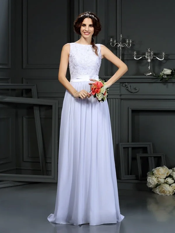 A-Line/Princess Scoop Lace Sleeveless Long Chiffon Wedding Dresses