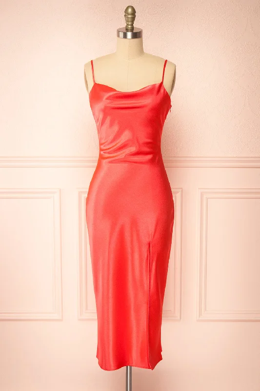 Jordy | Coral-Red Satin Midi Dress w/ Slit