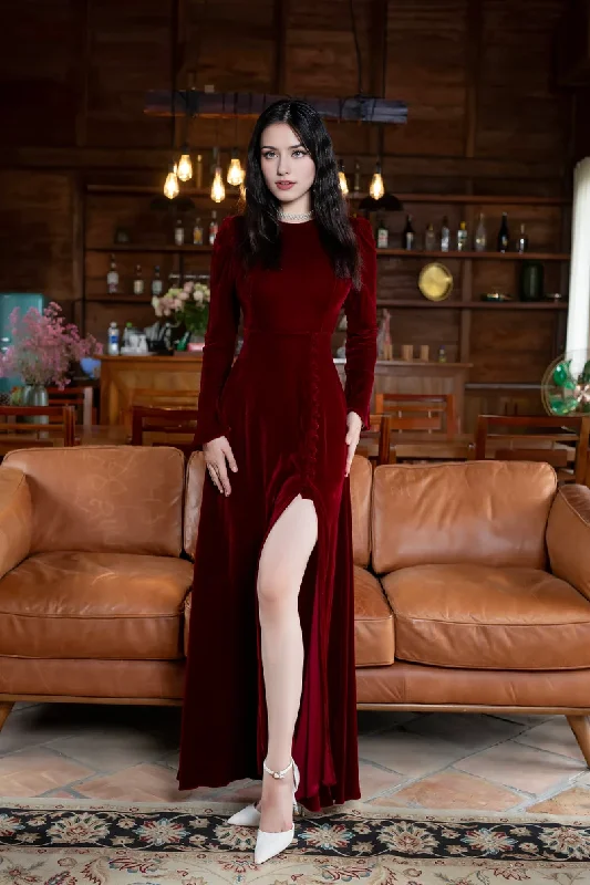 Evening Dress Velvet Dress Round Neck Long Sleeve Side Fork Luxurious Formal Dresses Wedding Guest Dress