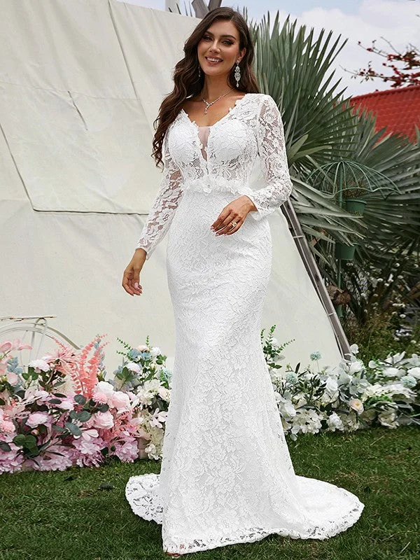 Sheath/Column Lace Hand-Made Flower V-neck Long Sleeves Sweep/Brush Train Wedding Dresses