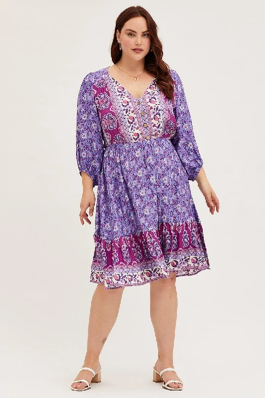 Boho Print Skater Dress V-neck Long Sleeve