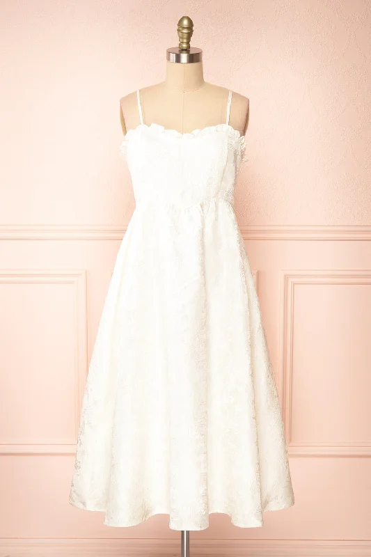 Nezuko | White A-Line Embroidered Bridal Midi Dress