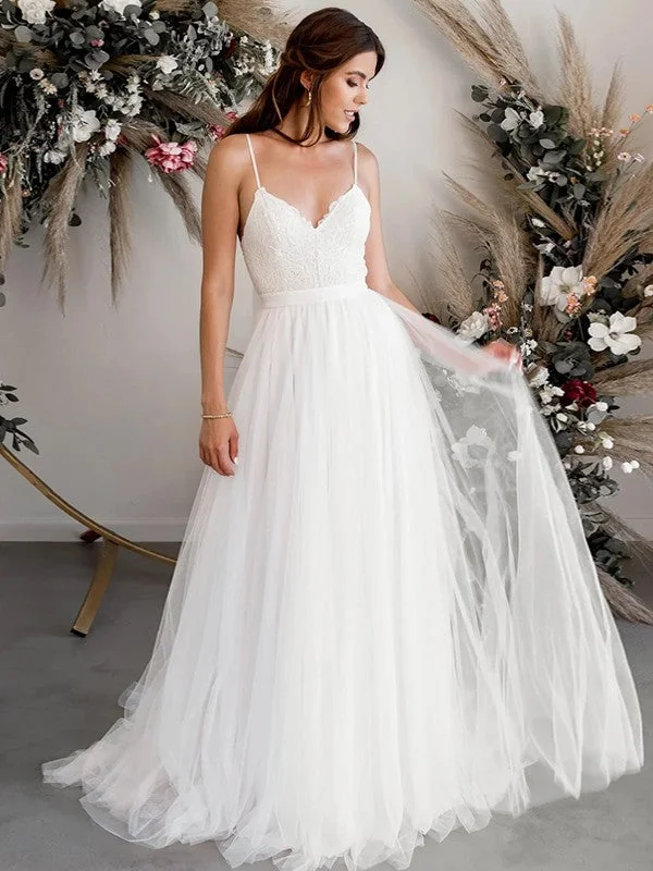 A-Line/Princess Tulle Lace V-neck Sleeveless Sweep/Brush Train Wedding Dresses