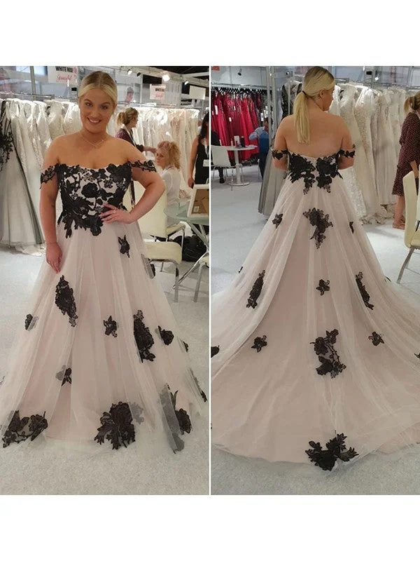 A-Line/Princess Tulle Applique Off-the-Shoulder Sleeveless Sweep/Brush Train Wedding Dresses