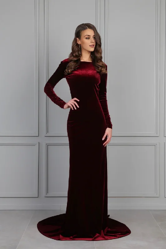 Evening Dress Velvet Dress Open Back Train Dress Long Sleeve Formal Dresses Wedding Guest Dress