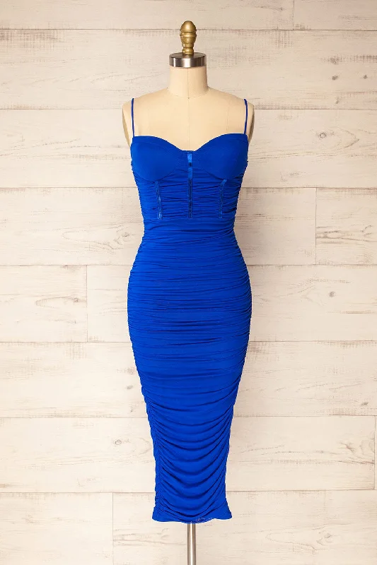 Venise Blue | Fitted Ruched Midi Dress w/ Bustier Bodice