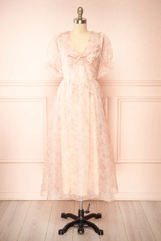 Zabelle | Pink Organza Midi Dress w/ Peter Pan Collar