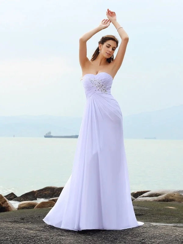 Sheath/Column Sweetheart Beading Sleeveless Long Chiffon Beach Wedding Dresses