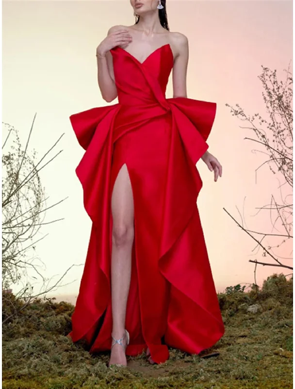 Sheath / Column Elegant Vintage Engagement Formal Evening Dress V Neck Sleeveless Sweep / Brush Train Satin with Ruffles Slit