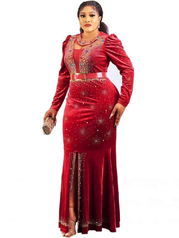 Diamonds Beaded Round Neck Long Sleeve Dress