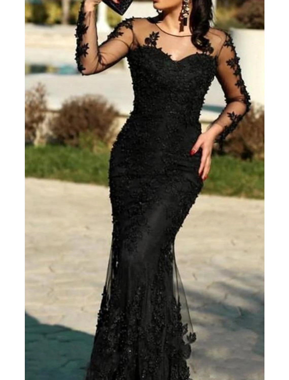 Mermaid Black Dress Plus Size Elegant Wedding Guest Formal Evening Dress Illusion Neck Long Sleeve Sweep / Brush Train Polyester with Lace Insert Appliques