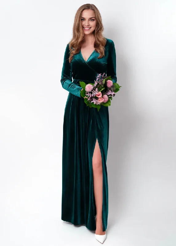 Evening Dress Velvet Dress A-line V Neck Long Sleeves Side Fork Formal Dresses Wedding Guest Dress