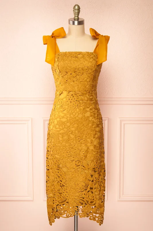 Zelly | Fitted Midi Mustard Crocheted Lace Dress