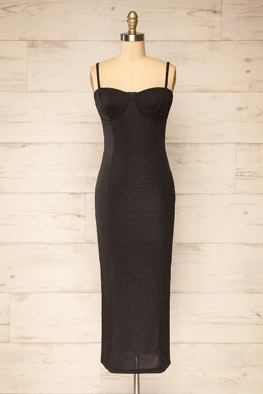 Suai Black | Fitted Midi Dress w/ Back Slit