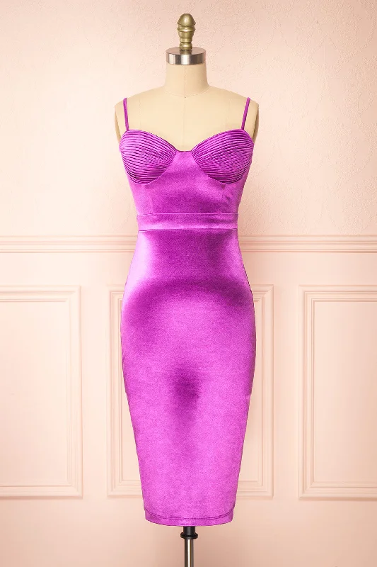 Elderia Purple | Fitted Satin Midi Dress