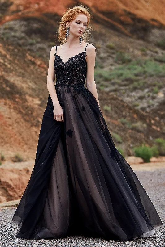 A-line V Neck Spaghetti Straps Black Lace Applique Bridal Evening Dress fiesta largos gala Christmas Dress Fall November Wedding Guest Dress