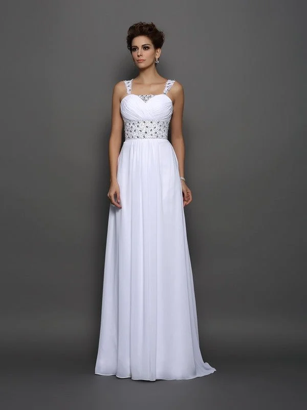 A-Line/Princess Straps Beading Sleeveless Long Chiffon Wedding Dresses