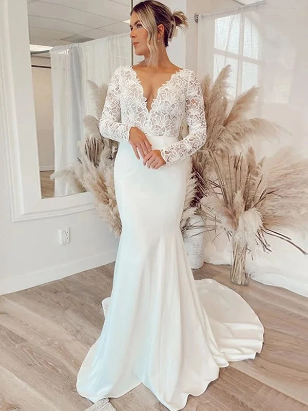 Sheath/Column Stretch Crepe Lace V-neck Long Sleeves Sweep/Brush Train Wedding Dresses