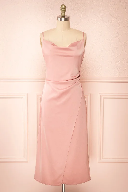 Chloe Pink | Cowl Neck Satin Midi Slip Dress