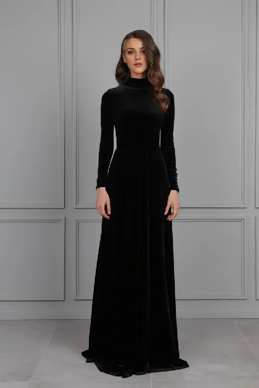 Evening Dress Velvet Dress Mock Neck Open Round Back Long Sleeves Longuette Formal Dresses Wedding Guest Dress