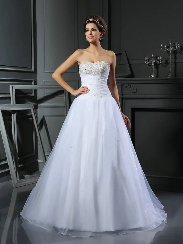 Ball Gown Sweetheart Beading Sleeveless Long Satin Wedding Dresses