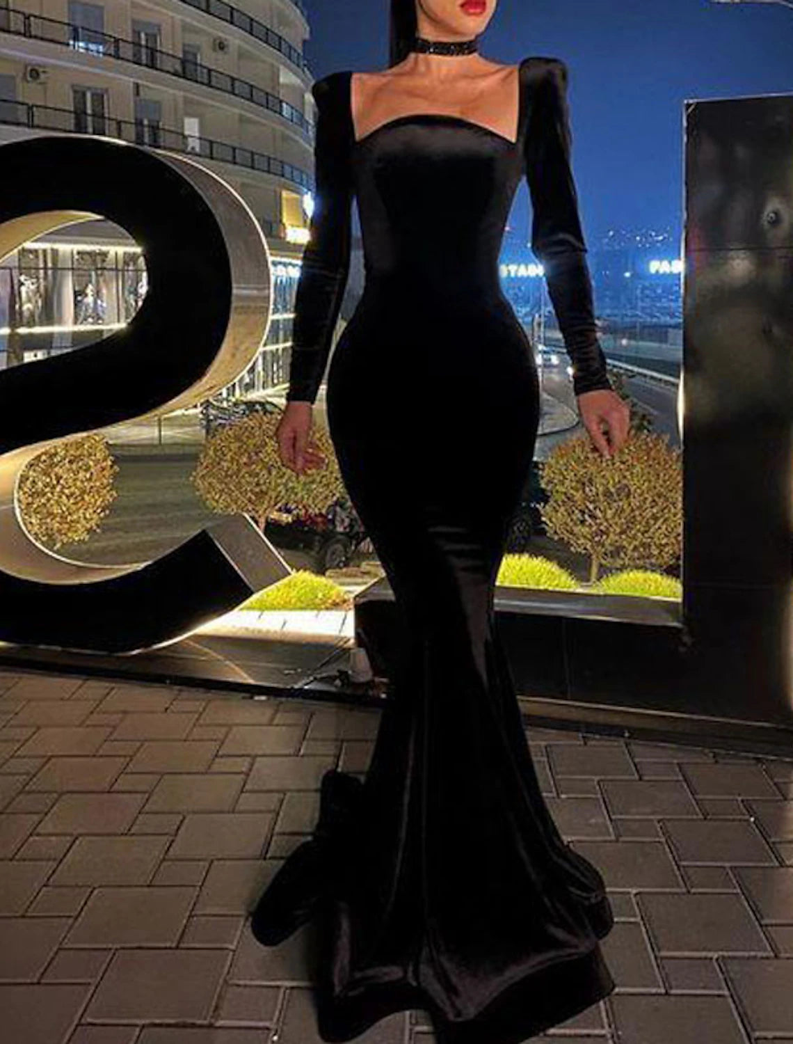 Mermaid / Trumpet Sexy bodycon Wedding Guest Formal Evening Dress Square Neck Long Sleeve Floor Length Velvet with Sleek Pure Color