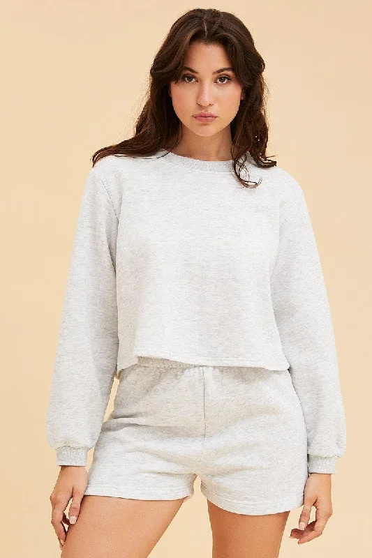 Grey Cropped Sweat Bell Sleeve Crew Neck Relaxed Fit