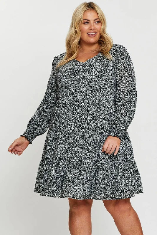 Geo Print Skater Dress V-neck Long Sleeve