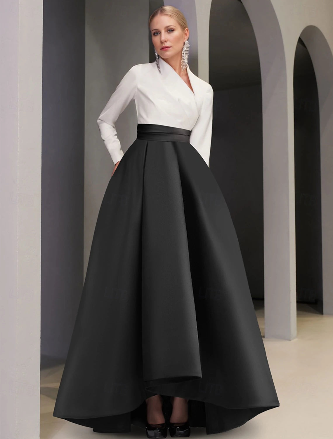 Evening Dress A-Line Formal Wedding Guest Asymmetrical Long Sleeve V Neck Pocket Satin with Pocket Elegant Fall November December Wedding Guest Dress