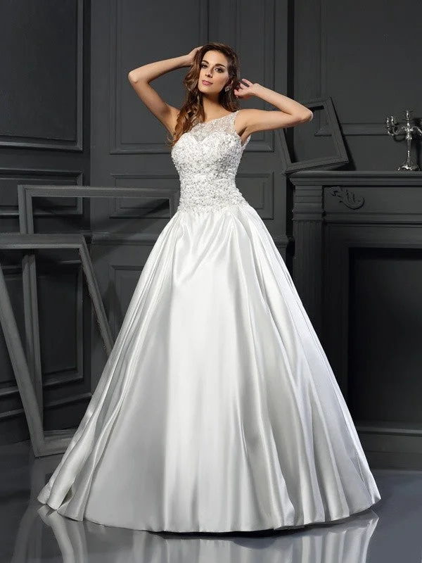 Ball Gown Scoop Applique Sleeveless Long Satin Wedding Dresses