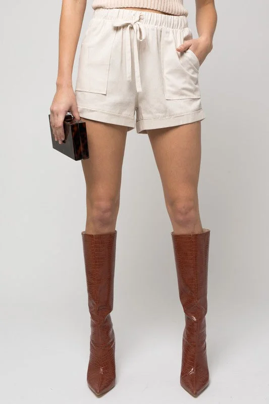 Elastic Waist Front Pocketed Roll-Up Shorts