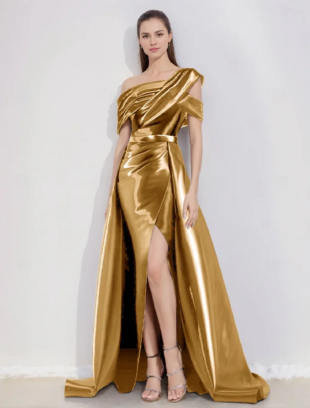 Evening Dress A-Line Formal Christmas Floor Length Short Sleeve One Shoulder Pocket Satin Glitter Elegant Fall November December Wedding Guest Dress