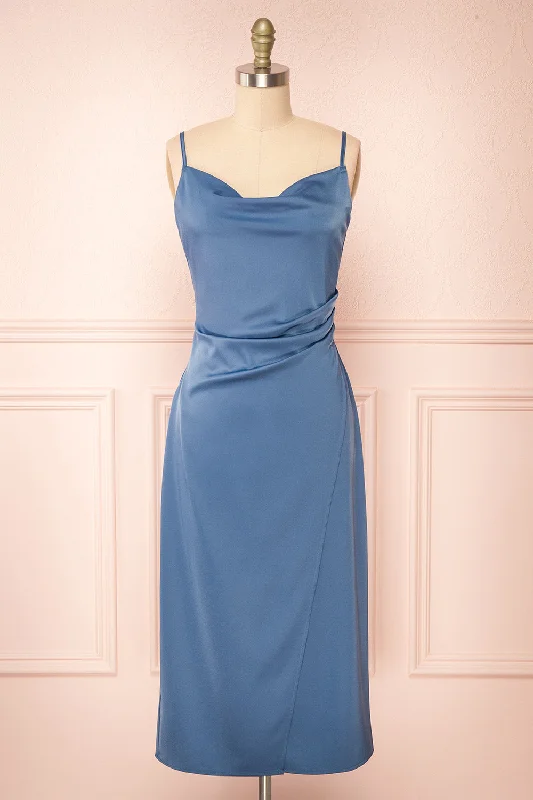 Chloe Blue | Cowl Neck Satin Midi Slip Dress