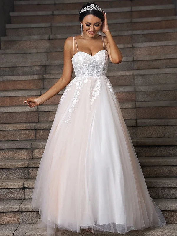 A-Line/Princess Tulle Applique Sweetheart Sleeveless Sweep/Brush Train Wedding Dresses     A-Line/Princess Tulle Applique Sweetheart Sleeveless Sweep/Brush Train Wedding Dresses