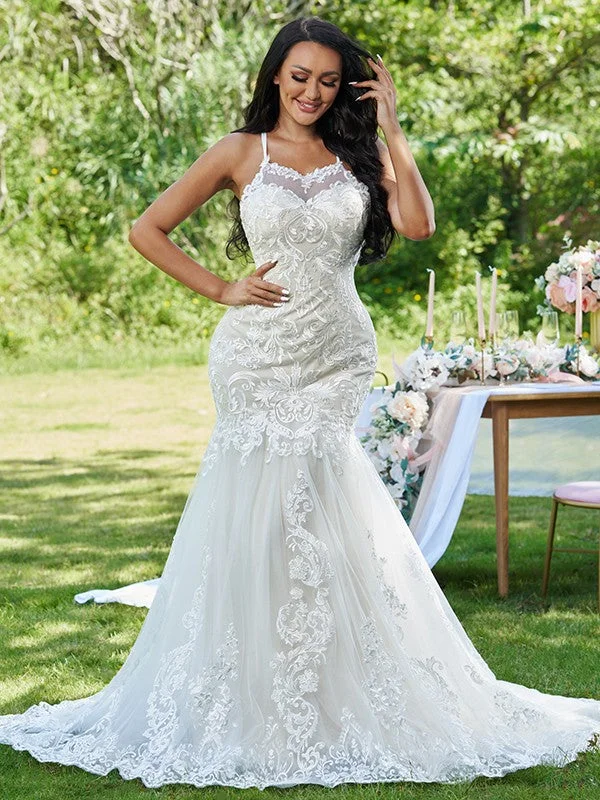 Trumpet/Mermaid Lace Ruffles Spaghetti Straps Sleeveless Sweep/Brush Train Wedding Dresses