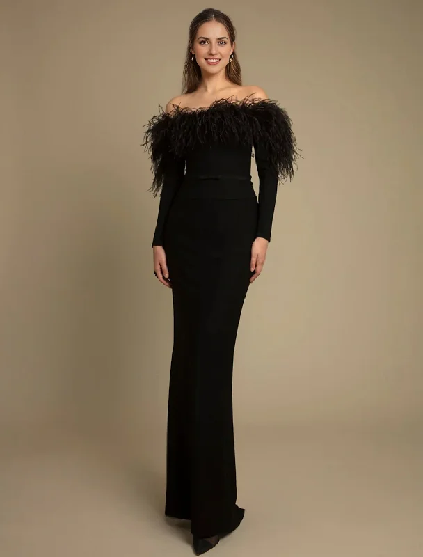 Evening Dress Mermaid Cultivate oneself Feather Formal Floor Length Long Sleeve Off Shoulder Stretch Crepe Elegant Fall November December Wedding Guest Dress