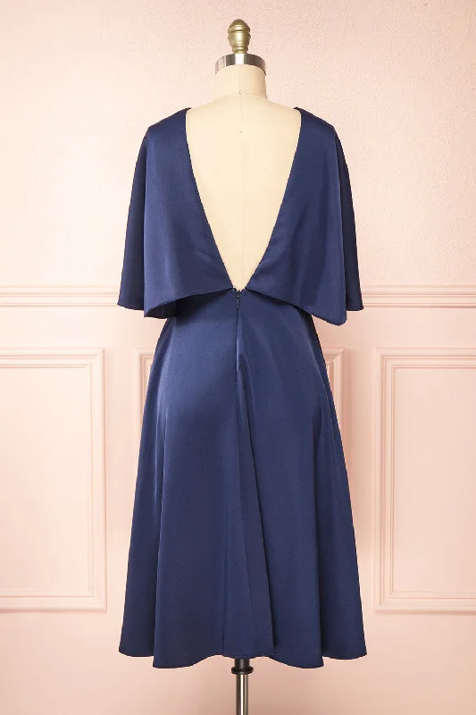 Tordis Navy | Satin Midi Dress w/ Bell Sleeves