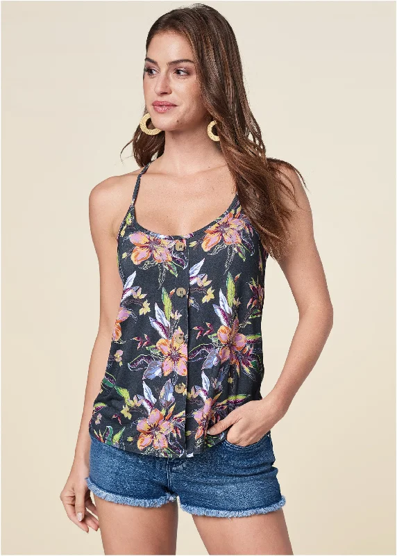 Button Detail Floral Tank - Black Multi