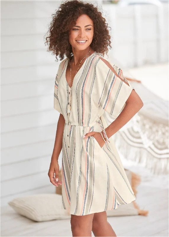 Button Cold-Shoulder Dress - White Multi