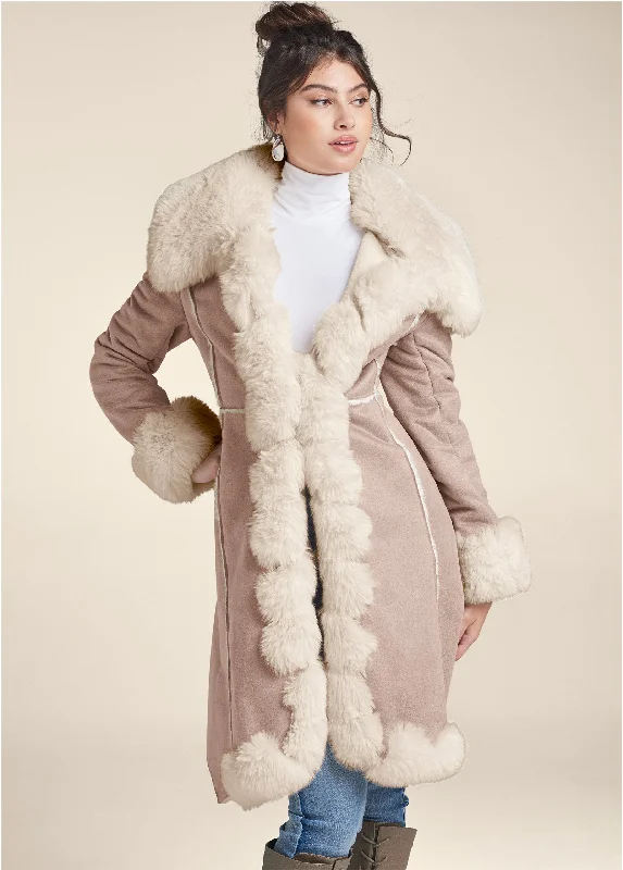 Faux-Suede-And-Fur Coat - Taupe & Off White