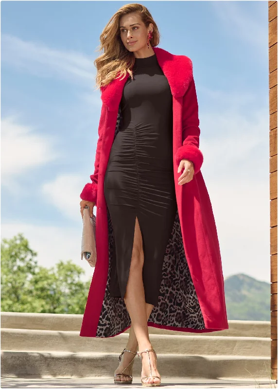 Faux Wool A-Line Glam Coat - Red