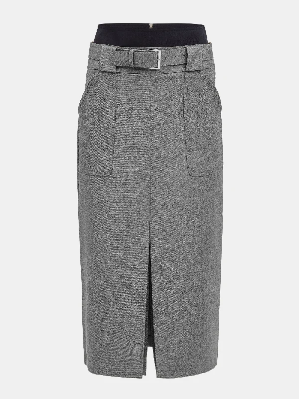 Belted Panel Suit Skirt, Grey