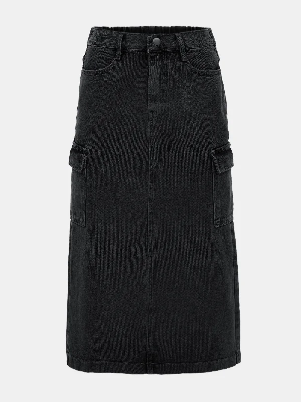 Cargo Denim Midi Skirt, Washed Black