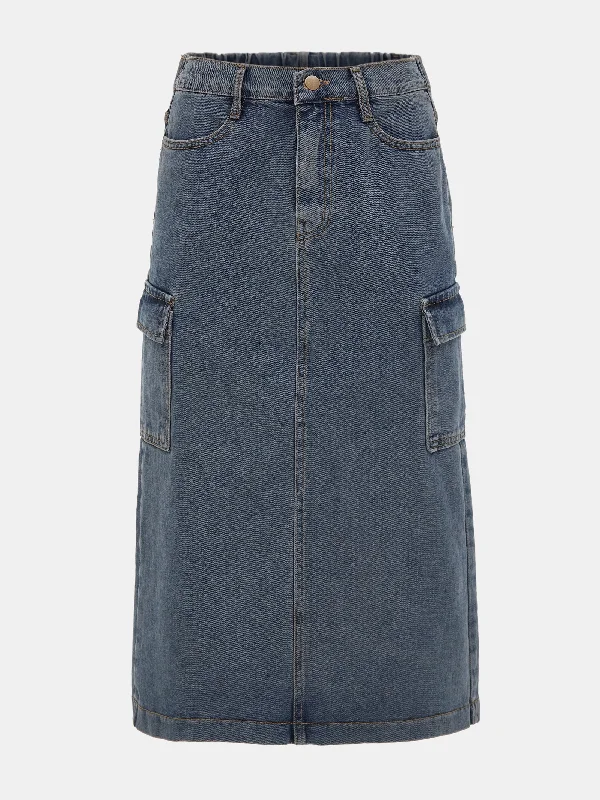 Cargo Denim Midi Skirt, Washed Blue