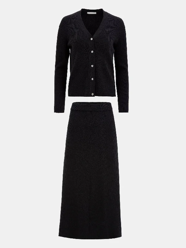 Cashmere Cardigan/Skirt Set, Black