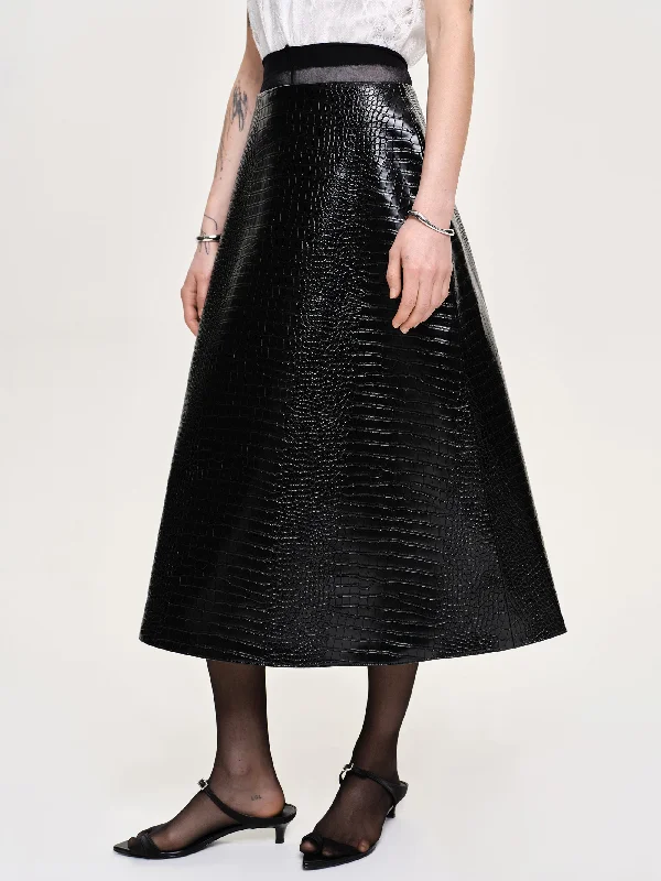 Croc-Embossed Midi Skirt, Black