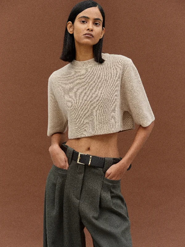 Cropped Wool Knit Top, Beige