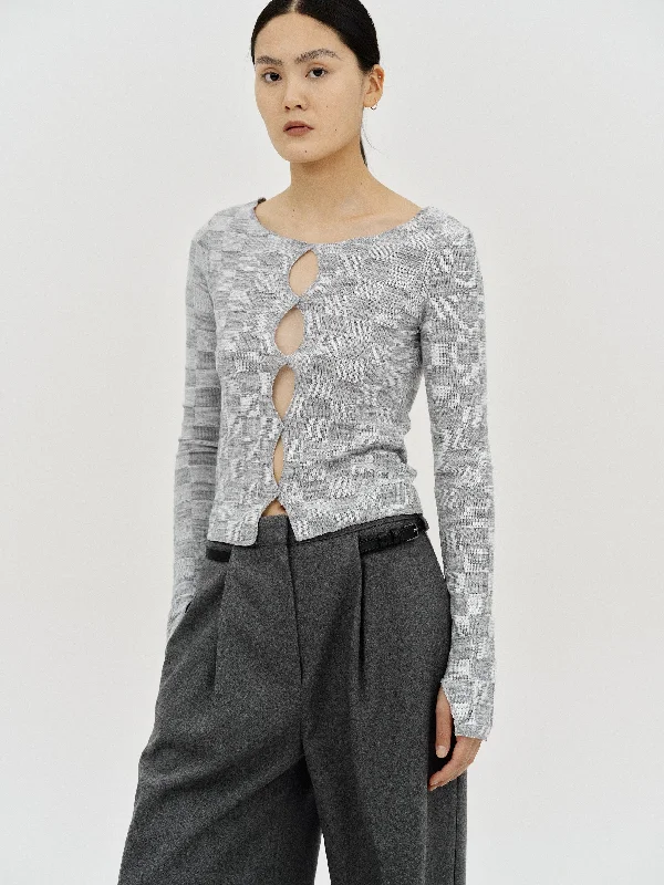 Cut-Out Check Knit Top, Grey